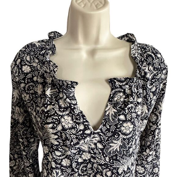 Isabel ~ Navy and ivory blouse ~ side ties ~ smocking detail on sleeve ~ size M - Picture 1 of 11